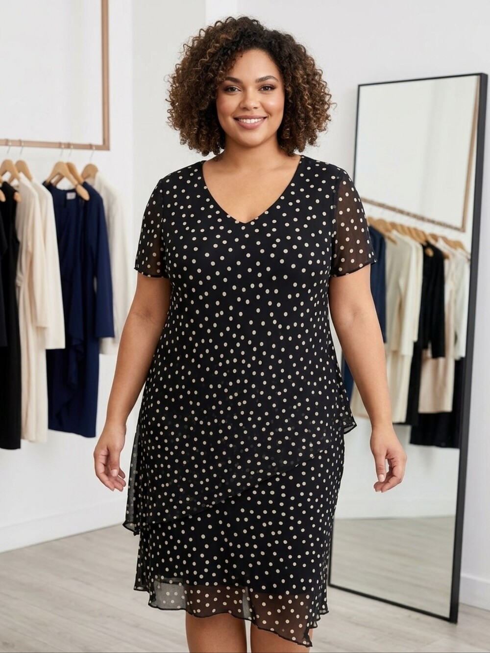 Citi Dress Vintage Black & White Polka Dot Layered Midi Dress Size 18 - Picture 1 of 6